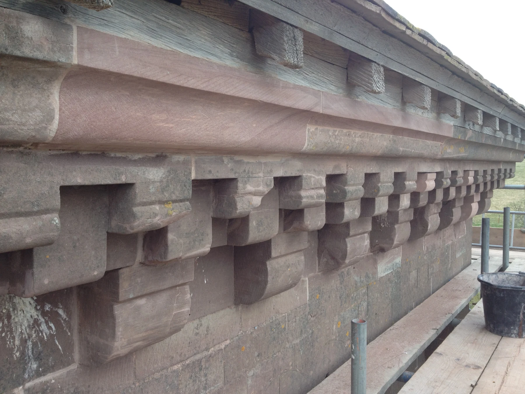 Close view of the repaired carved cornice at St Catherine’s Church, Hoarwithy, from the 2013 archive