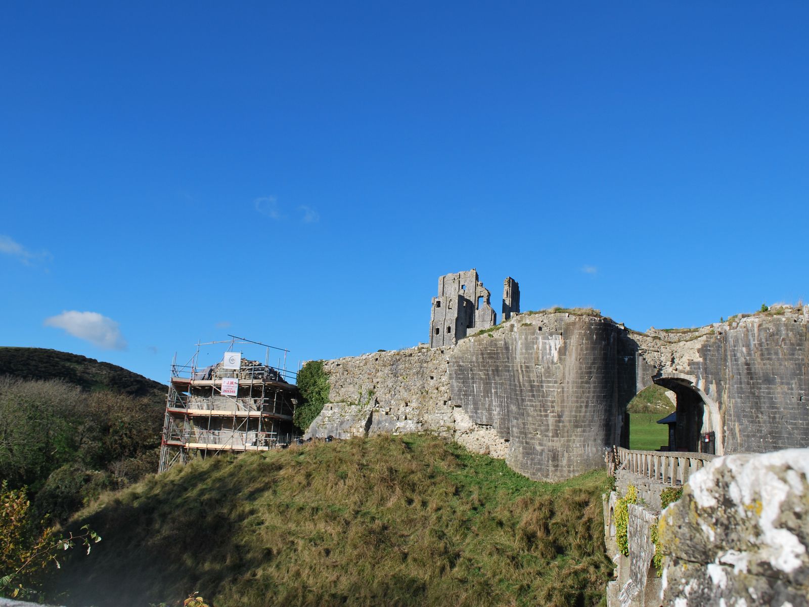 Corfe Castle ruins with conservation scaffolding, Dorset