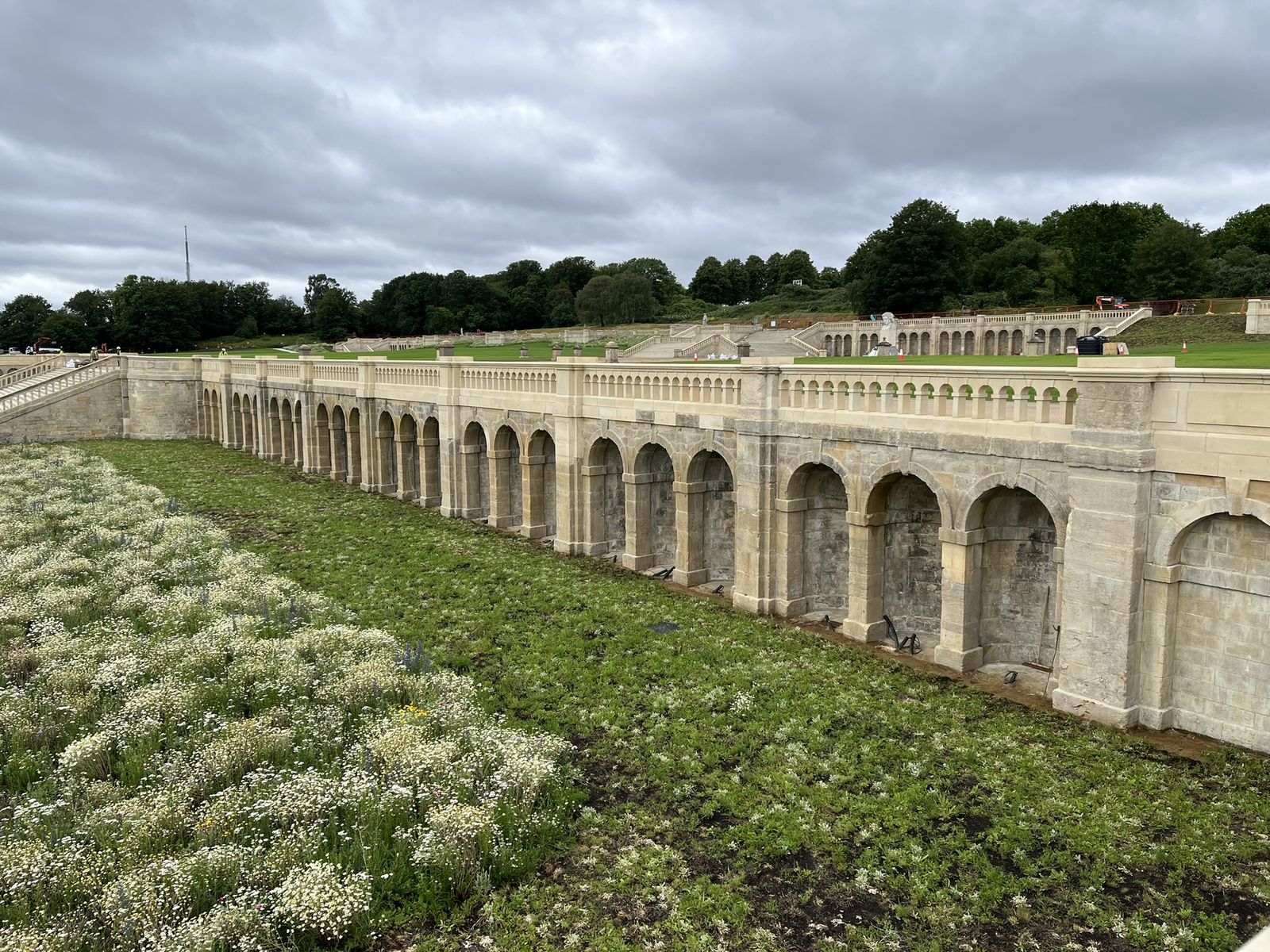 Restored lower terrace arcade with wildflower meadow, Crystal Palace Park