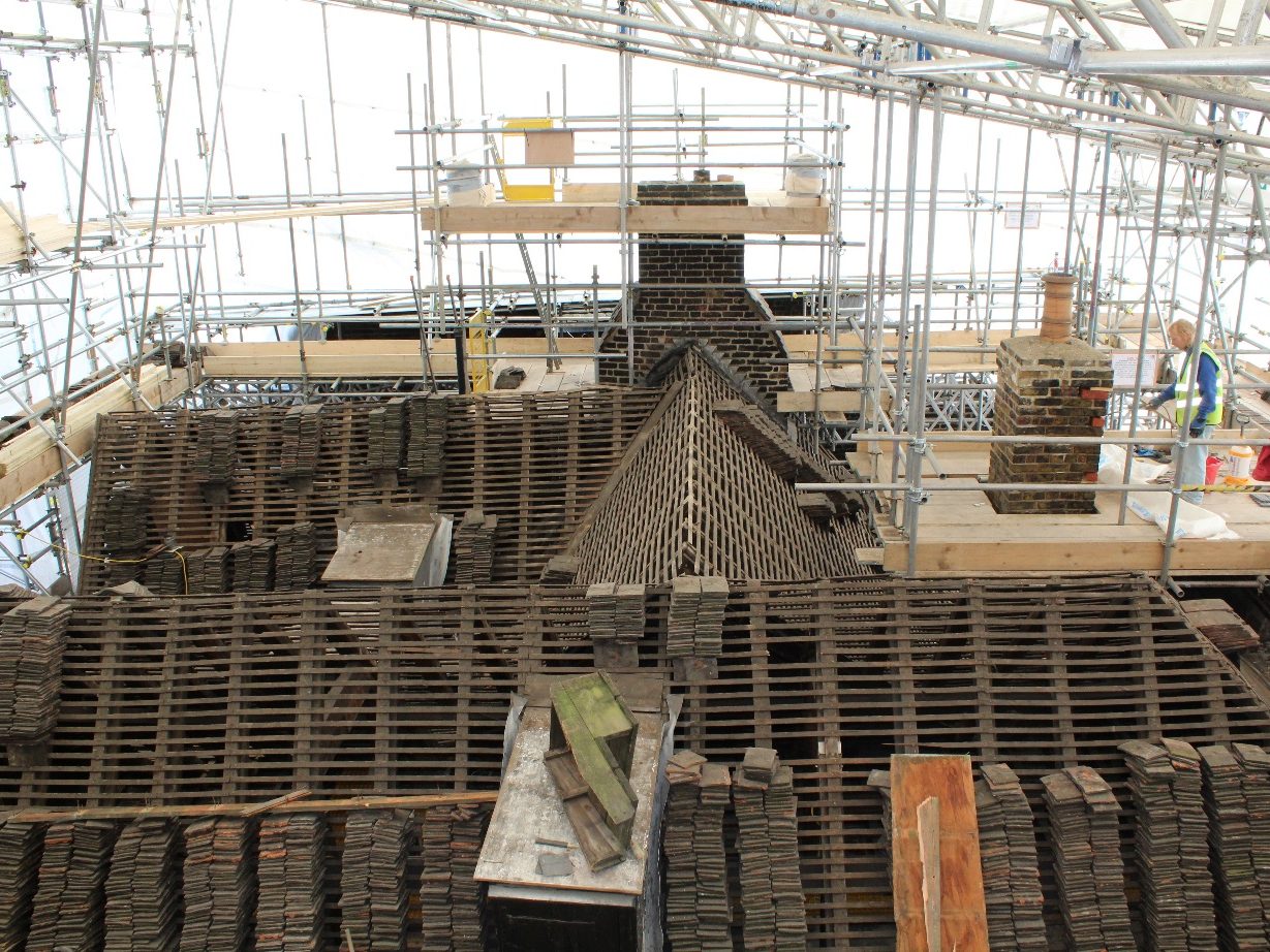 Roof and masonry works on scaffold at the Queen’s House, Tower of London