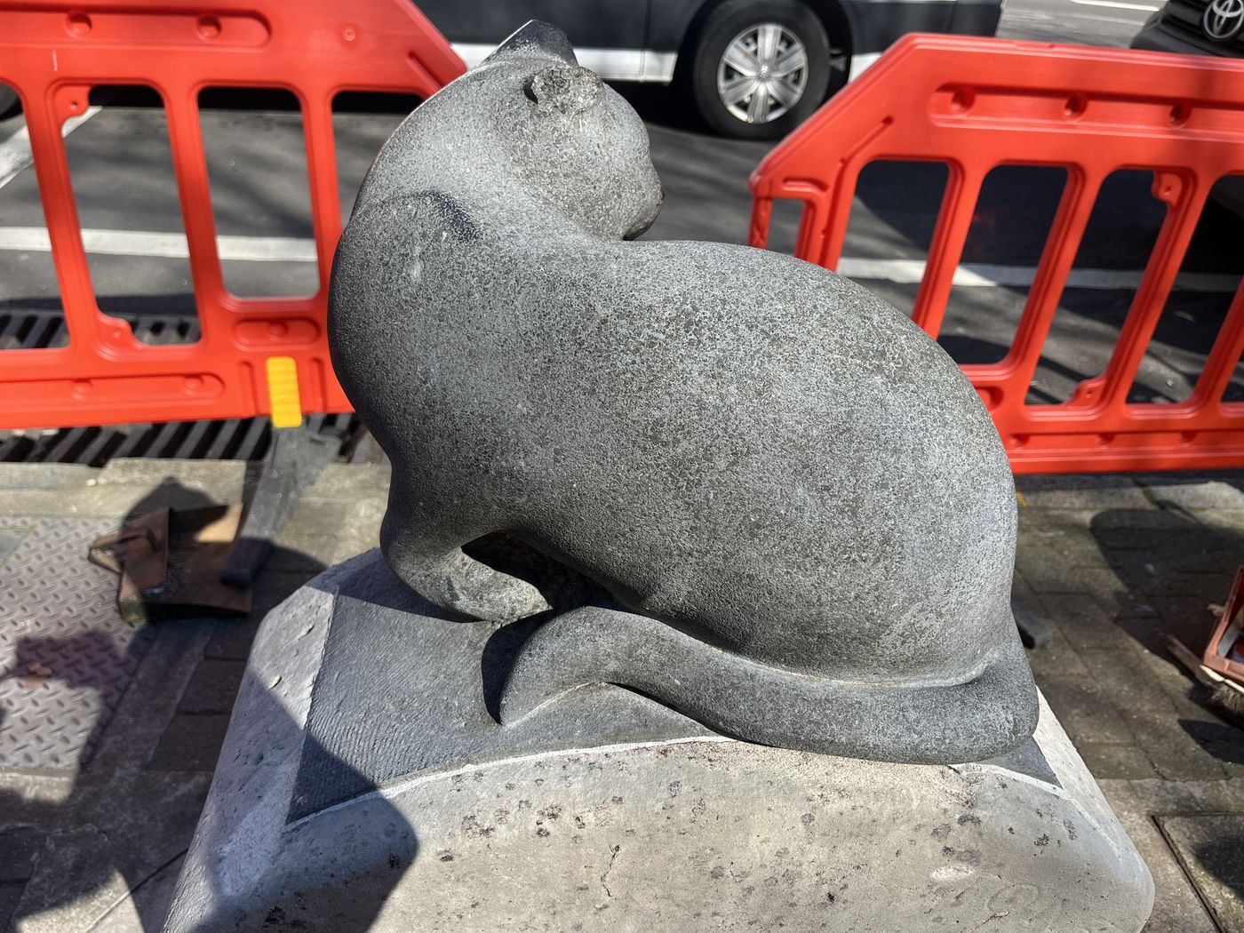 The carved stone Whittington cat after conservation, Highgate Hill, Archway