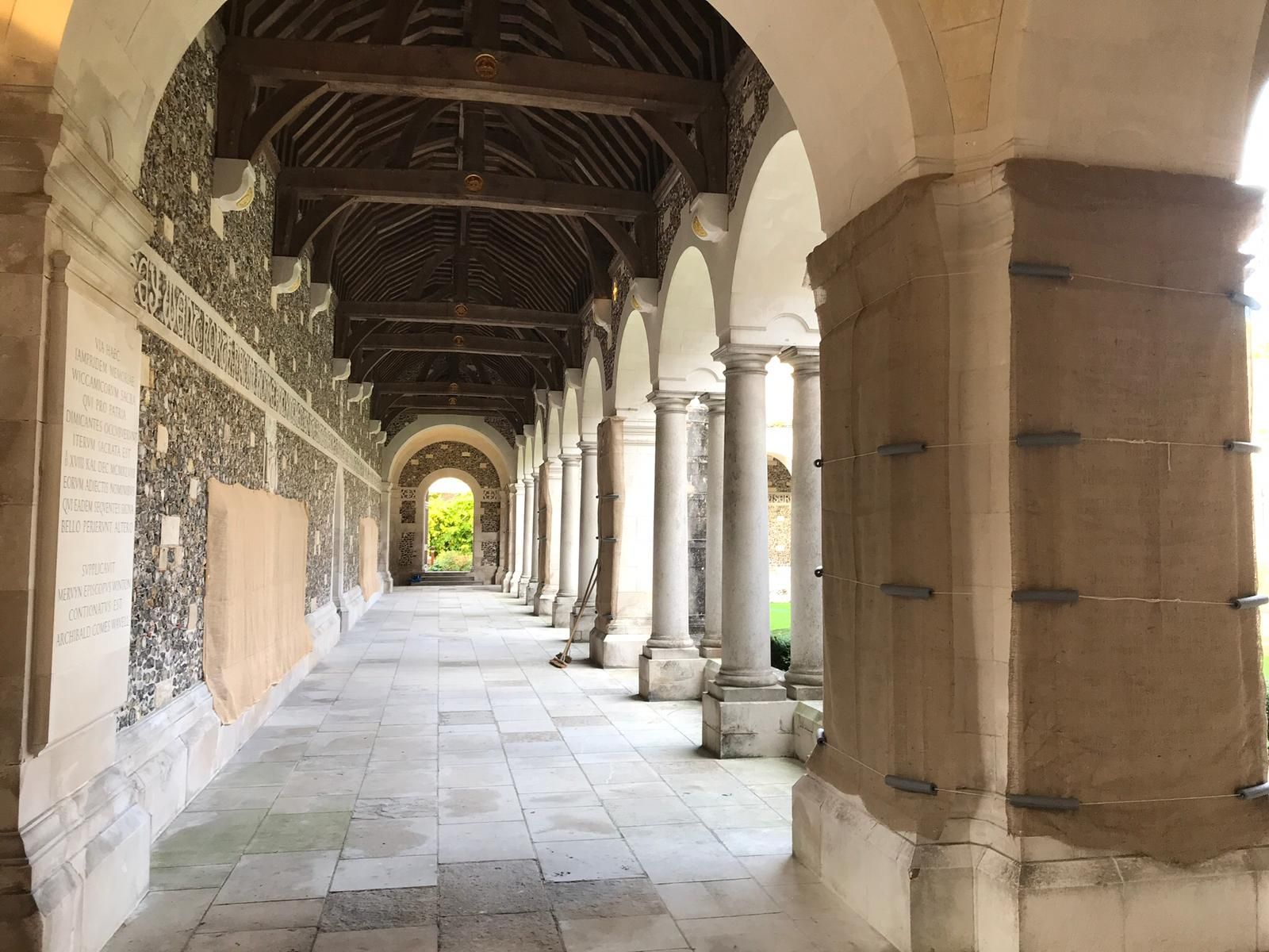 The colonnade of the War Cloister at Winchester College