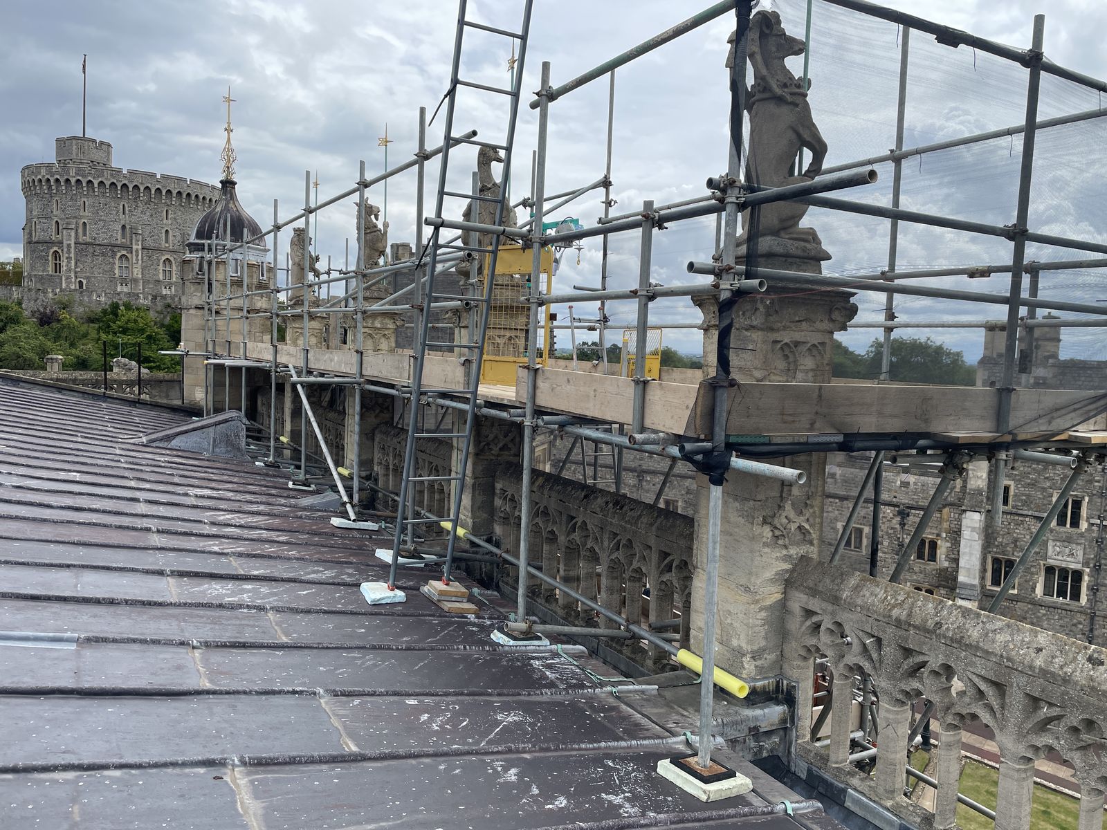 Roof-level scaffold at St George’s Chapel with the Round Tower beyond, Windsor Castle